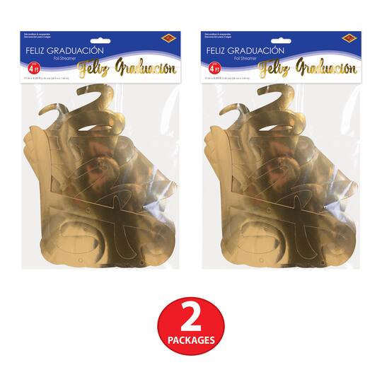 Beistle 4.25ft. Gold Foil Feliz Graduación Streamers, 2ct.